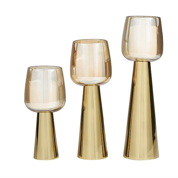 UMA Gold Stainless Steel Metal Decorative Candle Holder with Gold Cup Candle Holders, Set of 3 12, 10, 8H | 31853