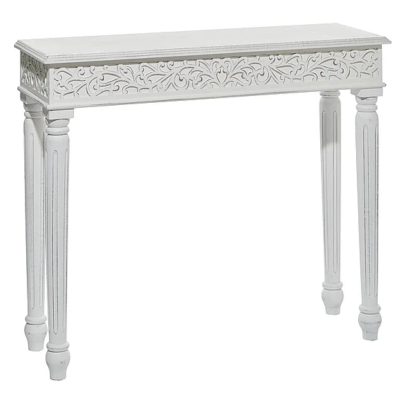 UMA White Wood Scroll Intricately Carved Slim Living Room Console Table with Turned Legs, 36" x 12" x 30" | 31910