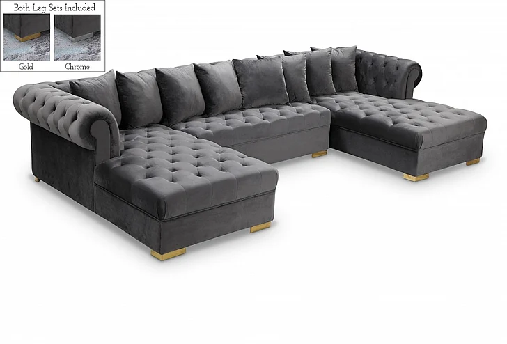 Meridian Presley 3pc. Velvet Sectional in Grey Velvet 698Grey-Sectional