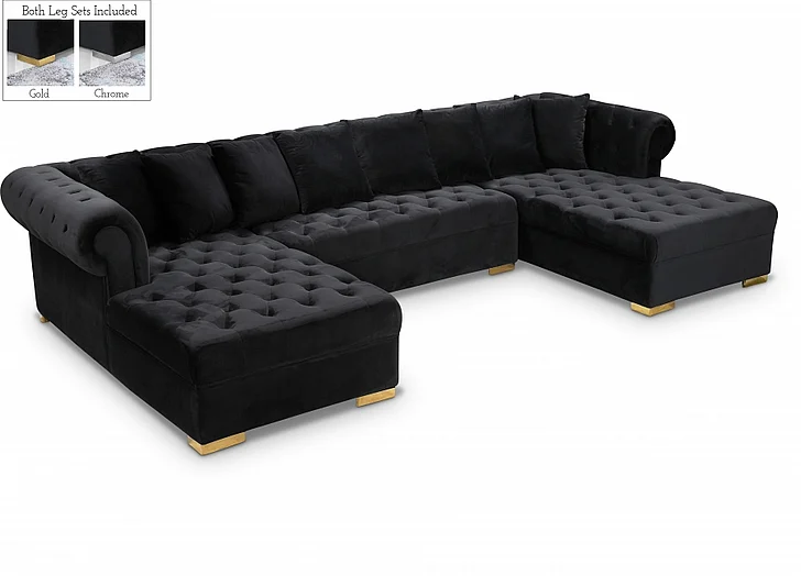 Meridian Presley 3pc. Velvet Sectional in Black Velvet 698Black-Sectional