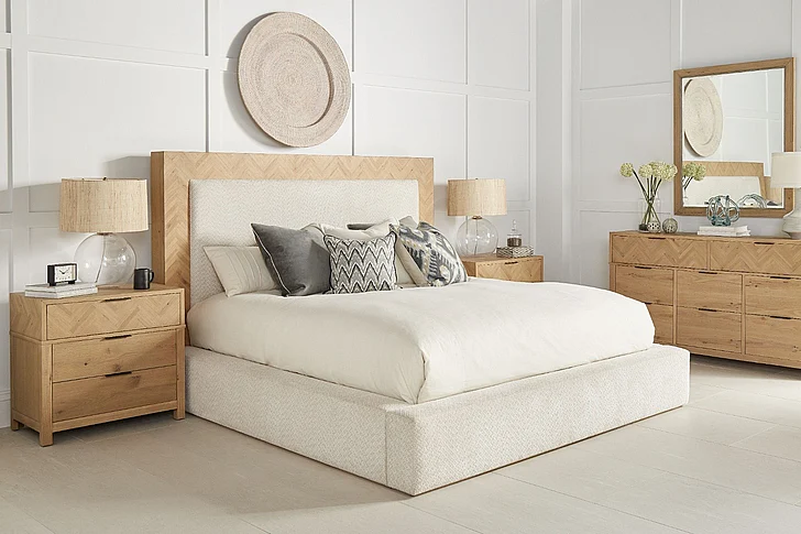 A.R.T. Furniture Garrison 4-Piece Upholstered Bedroom Set in Washed Oak CODE:UNIV26 for 26% Off