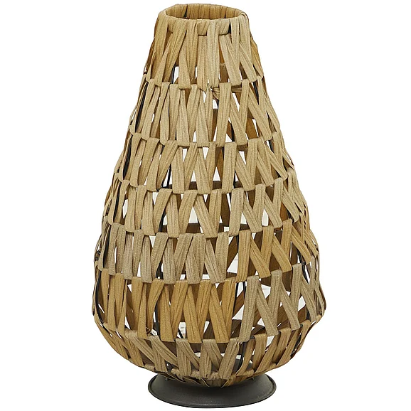 UMA Light Brown Plastic Rattan Handmade Decorative Indoor Outdoor Candle Lantern with Wrapped Zig Zag Design, 11" x 11" x 19" | 32589 CLOSEOUT