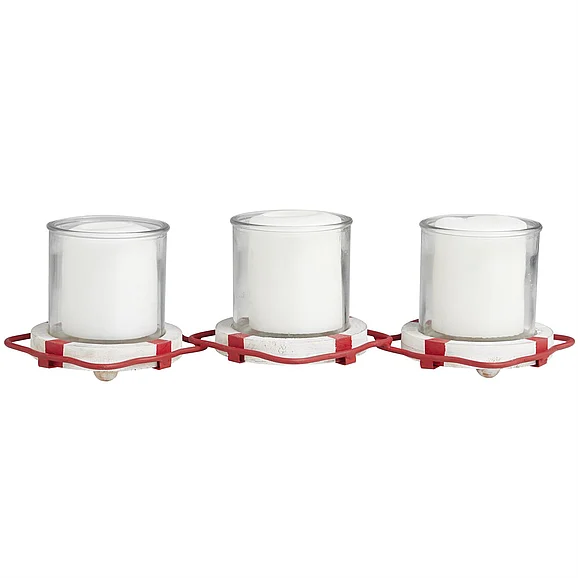 UMA Red Metal Buoy Distressed 3 Linked Decorative Candle Holder with White Wood Accents, 19" x 7" x 5" | 32675