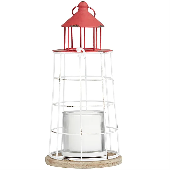 UMA Red Metal Light House Distressed Decorative Indoor Outdoor Candle Lantern with White Frame and Brown Wood Base, 7" x 7" x 15" | 32676