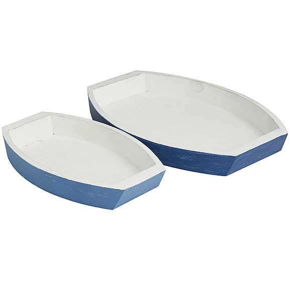 UMA Blue Wood Boat Handmade Distressed Two Toned Living Room Decor Tray, (Set of 2) 17, 13W | 32681