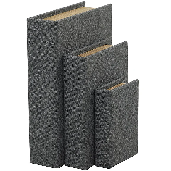 UMA Dark Gray Linen Fabric Textured Book Storage Decorative Box with Gold Page Detailing, (Set of 3) 12, 9, 6H | 32702