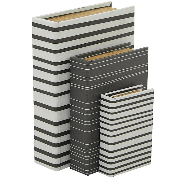 UMA White Faux Leather Striped Book Storage Decorative Box with Black Accents, Set of 3 12, 9, 6H | 32710