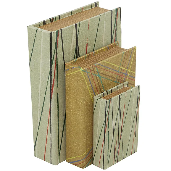 UMA Green Faux Leather Abstract Book Storage Decorative Box with Colorful Linear Patterns, Set of 3 12, 9, 6H | 32714 CLOSEOUT