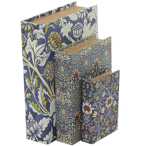 UMA Blue Canvas Floral Book Storage Decorative Box with Cream and Red Accents, Set of 3 12, 9, 6H | 32725