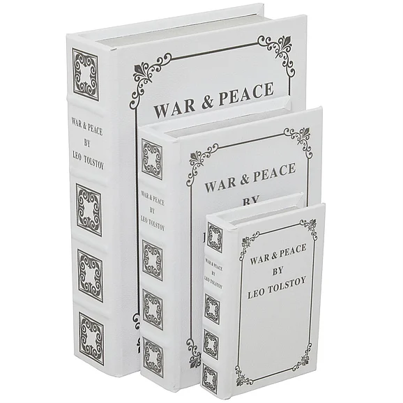 UMA White Faux Leather Scroll War and Peace Book Storage Decorative Box, Set of 3 12, 9, 7H | 32728 CLOSEOUT