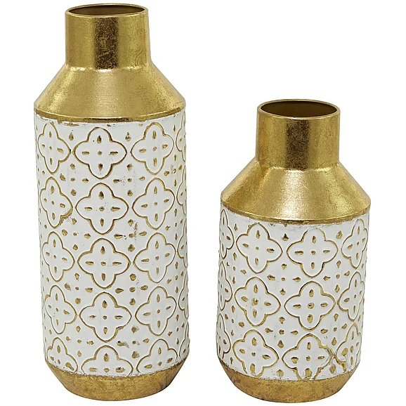 UMA Gold Metal Handmade Embossed Quatrefoil Decorative Vase with Gold Detailing, Set of 2 16, 12H | 32988 CLOSEOUT