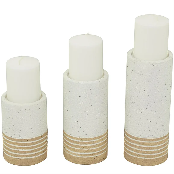 UMA White Metal Striped Pillar Decorative Candle Holder, Set of 3 10, 8, 6H | 32999 CLOSEOUT