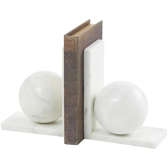 UMA White Marble Geometric Sleek Orb 12 lbs Decorative Bookends with L- Shaped Bases, Set of 2 6W, 7H | 33138