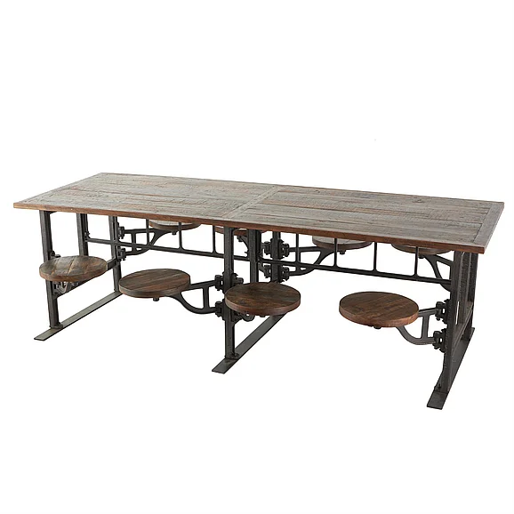 UMA Brown Teak Wood Dining Table with Eight Attached Seats, 100" x 42" x 31" | 33531