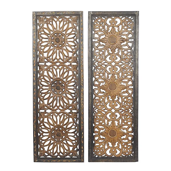 UMA Brown Wood Floral Handmade Intricately Carved Home Wall Decor, 2 Assorted 48"H, 16"W | 34089