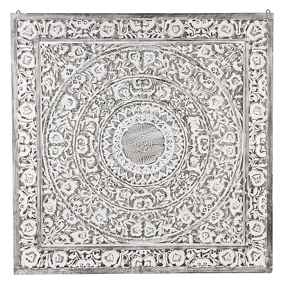 UMA Gray Wooden Floral Handmade Carved Mandala Home Wall Decor with White Accents, 60" x 1" x 60" | 34114