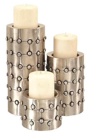UMA Silver Metal Handmade Pillar Decorative Candle Holder with Studs, Set of 3 4, 11, 7H | 34233 CLOSEOUT