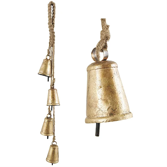 UMA Gold Metal Tibetan Inspired Indoor Outdoor Decorative Cow Bells with 4 Bells on Jute Hanging Rope, 4" x 3" x 29" | 34514