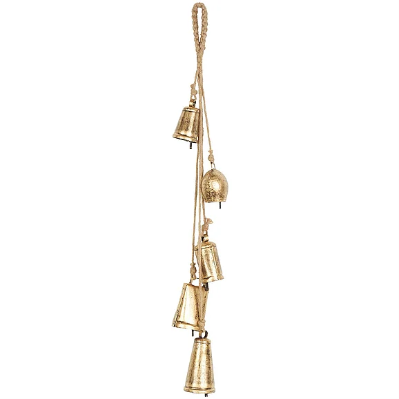 UMA Gold Metal Cascading Cluster Indoor Outdoor Decorative Cow Bells with Jute Hanging Rope, 4" x 3" x 29" | 34515