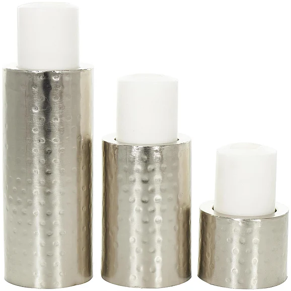 UMA CosmoLiving by Cosmopolitan Silver Metal Handmade Pillar Decorative Candle Holder, Set of 3 11, 7, 4H | 34569 CLOSEOUT