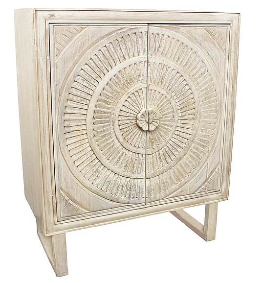 Moti Furniture Albert Cabinet, 2 Hand Carved Door in White Distressed 36009005