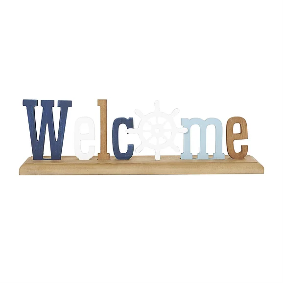UMA Multi Colored Wooden Ship Wheel Welcome Decorative Sign with Blue and Brown Accents, 16" x 3" x 5" | 36202 CLOSEOUT