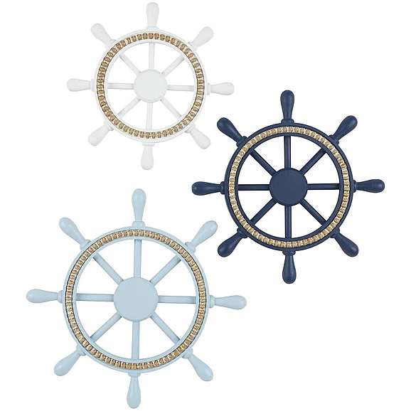 UMA Multi Colored Wood Ship Wheel Home Wall Decor with Brown Beaded Accents, Set of 3 18, 16, 14W | 36207 CLOSEOUT