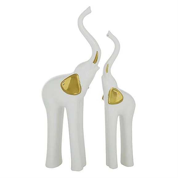 UMA Gold Porcelain Ceramic Elephant Decorative Sculpture, (Set of 2) 4W, 14H | 36590
