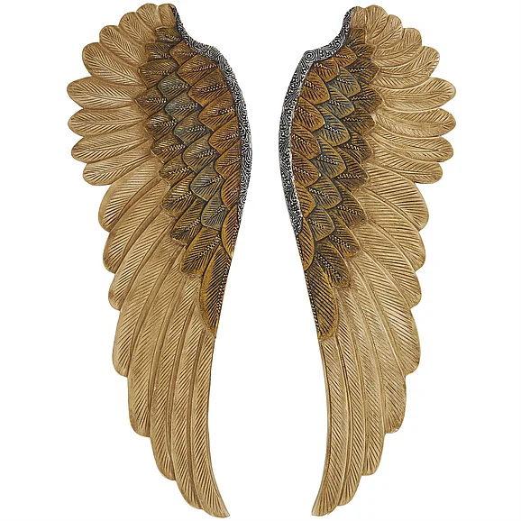 UMA Gold Wooden Bird Carved Angel Wings Home Wall Decor with Gold Accents, Set of 2 14W, 39H | 36685