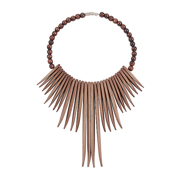 UMA Brown Wood Tribal Statement Necklace Home Wall Decor with Beaded Detailing, 13" x 3" x 18" | 36688