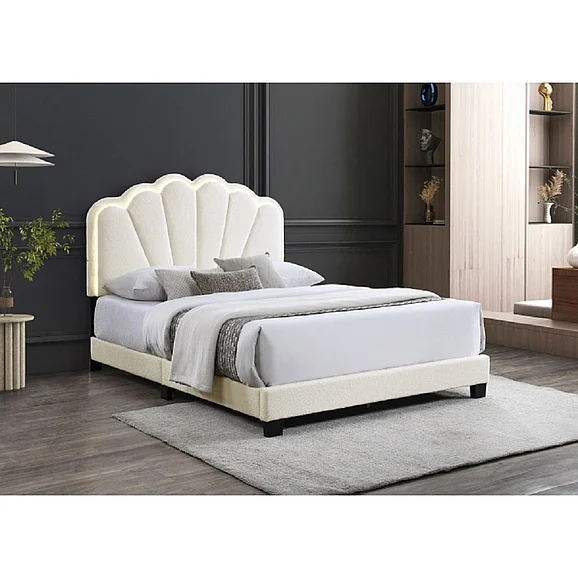 Glam Twin Size LED Platform Bed with Shell Arch Adjustable Headboard, Beige