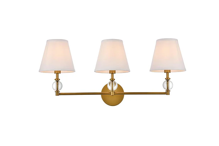 Elegant Bethany 3 Lights Bath Sconce in Brass with White Fabric Shade LD7023W24BR