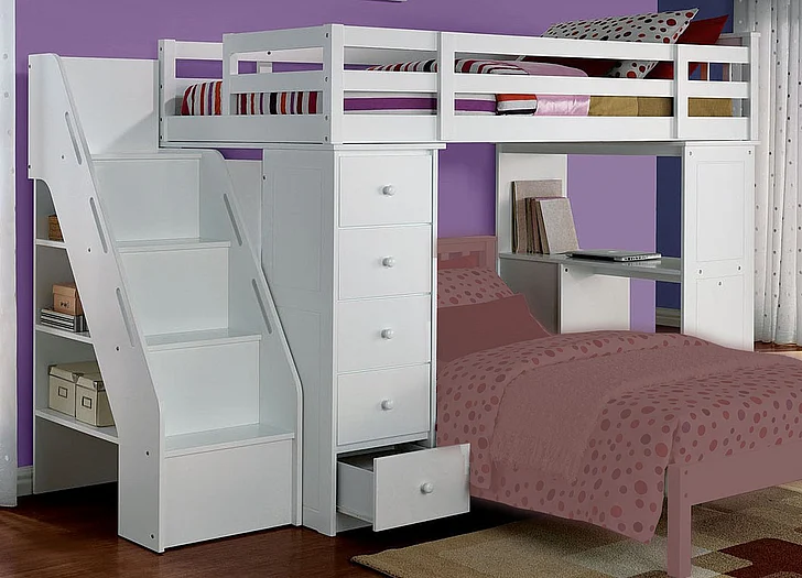 Acme Freya Loft Bed with Bookcase Ladder in White 37145