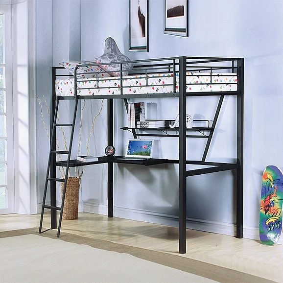 ACME Senon Twin Loft Bed with Desk in Silver and Black 37275