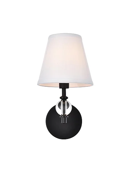 Elegant Bethany 1 Light Bath Sconce in Black with White Fabric Shade LD7021W6BK
