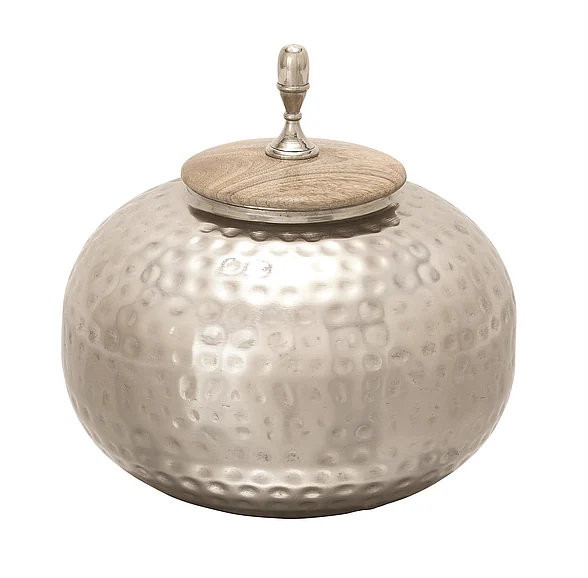UMA Silver Metal Hammered Living Room Decorative Jars with Wood Lid, 11" x 11" x 12" | 37531