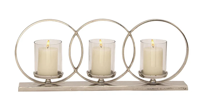 UMA Silver Aluminum Metal Geometric Overlapping Rings Pillar 3 Plate Decorative Candelabra, 26" x 5" x 11" | 37674