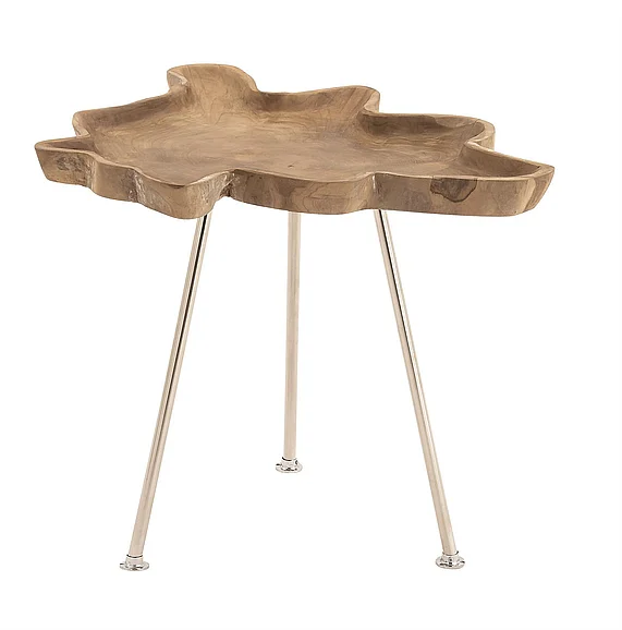 UMA Brown Teak Wood Live Edge Top Side End Accent Table with Silver Metal Tripod Legs, 27" x 22" x 22" | 37806 CLOSEOUT