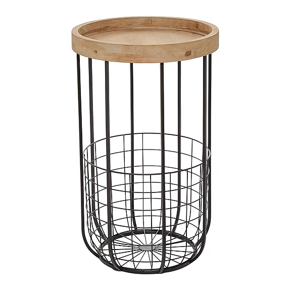 UMA Black Metal Side End Accent Table with Brown Wood Top and Wire Basket Storage, 16 x 16 x 26 | 37872