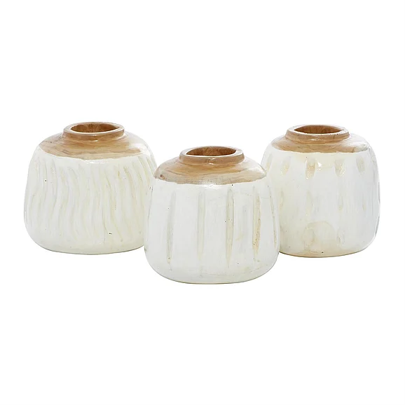 UMA White Teak Wood Handmade Decorative Vase, Set of 3 6W, 7H | 37909 CLOSEOUT