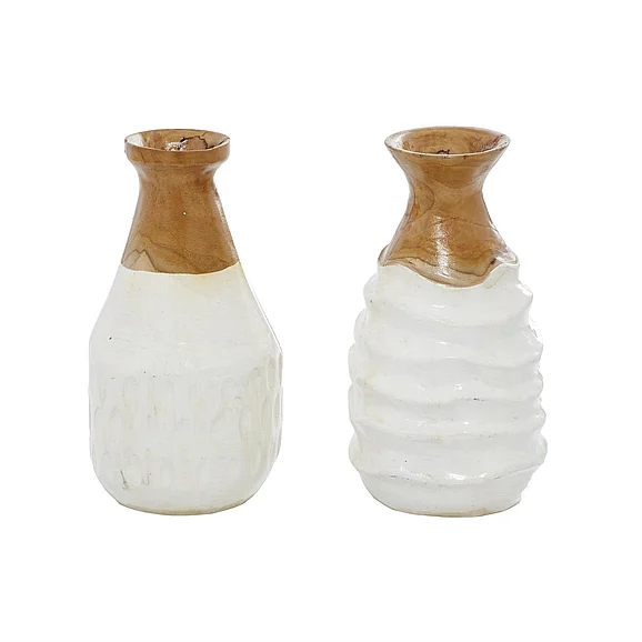 UMA White Teak Wood Handmade Decorative Vase with Ripple Texture, Set of 2 6W, 10H | 37910 CLOSEOUT