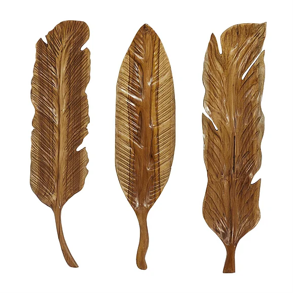 UMA Brown Teak Wood Bird Handmade Carved Feather Home Wall Decor, Set of 3 7W, 27H | 37918