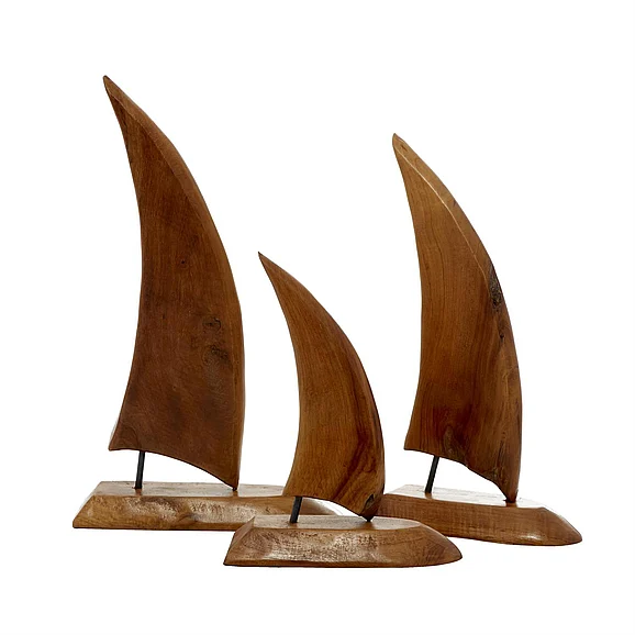 UMA Brown Teak Wood Sail Boat Handmade Decorative Sculpture, Set of 3 20, 17, 13H | 37922