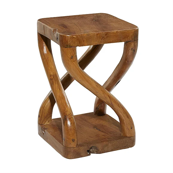 UMA Brown Teak Wood Handmade Live Edge Side End Accent Table with Curved Legs, 13" x 13" x 20" | 37924