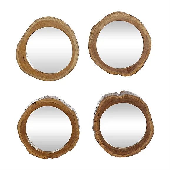 UMA Brown Teak Wood Live Edge Room Wall Mirror, Set of 4 13W, 13H | 37927