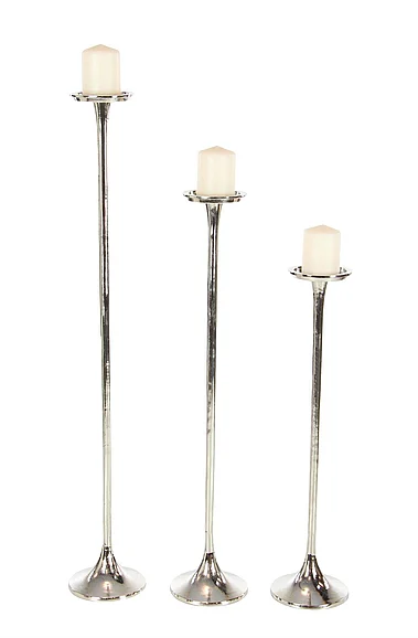 UMA Silver Aluminum Metal Tall Decorative Candle Holder, Set of 3 27, 32, 40H | 38037