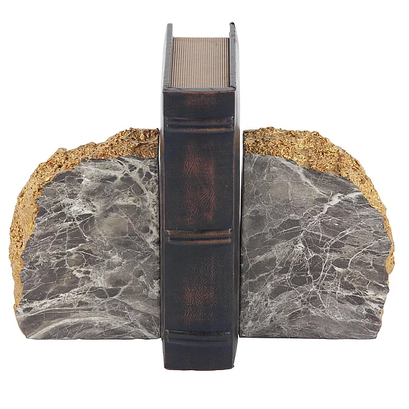 UMA CosmoLiving by Cosmopolitan Gray Polystone Geode Decorative Bookends with Gold Detailing, (Set of 2) 5W, 7H | 38246