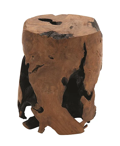 UMA Brown Teak Wood Handmade Live Edge Stump Side End Accent Table with Charred Detailing, 14 x 14 x 18 | 38422