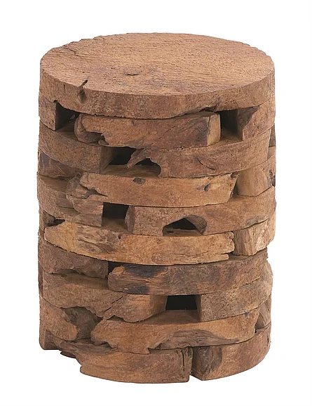 UMA Brown Teak Wood Handmade Live Edge Side End Accent Table with Brick Inspired Design, 14 x 14 x 18 | 38428