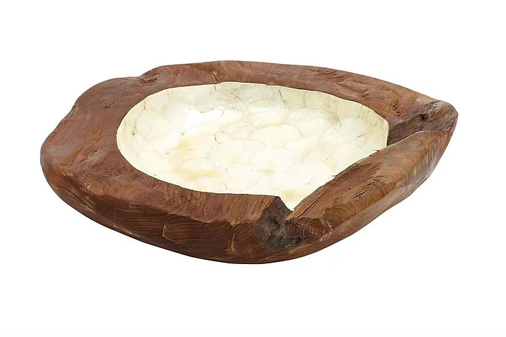 UMA Brown Teak Wood Handmade Live Edge Free Form Decorative Bowl with Capiz Interior, 5" x 18" x 18" | 38439